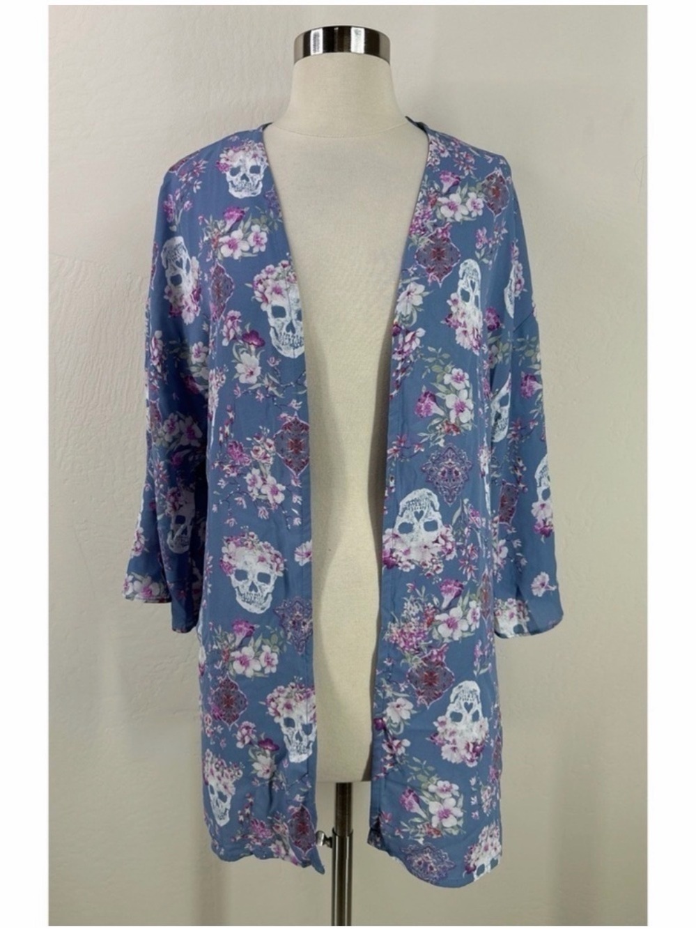 Pink Rose Dusty Blue Floral Skull Open-Front Cardigan